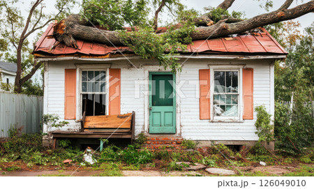 Severe storm damage on wooden house with fallen tree on roof in residential area during daytime 126049010