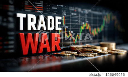 Tariffs war impact on global trade, stock market crisis with financial charts and currency. 126049036