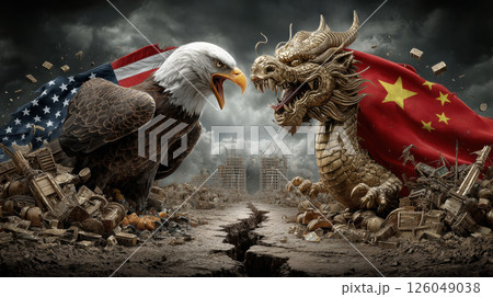 Economic tensions between usa and china depicted as eagle and dragon in dramatic symbolic battle scene for tariff dispute awareness 126049038