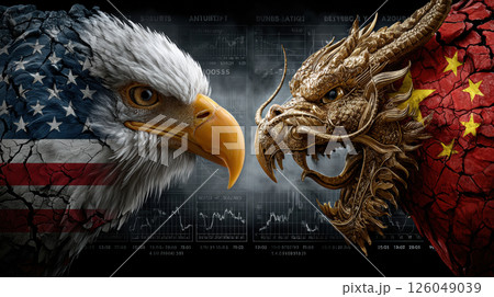 Economic clash depiction: united states and china trade war theme with eagle and dragon symbolism, concept of tariffs 126049039