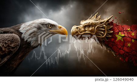 Intense depiction of trade war with tariffs between usa and china featuring eagle and dragon symbolism 126049040