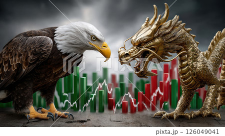 Symbolic representation of usa and china trade war with eagle and dragon amid economic tension with stock market graphs 126049041