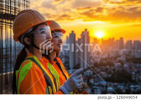 Asian young women engineers overseeing urban construction at sunset with safety gear and skyline in background 126049054