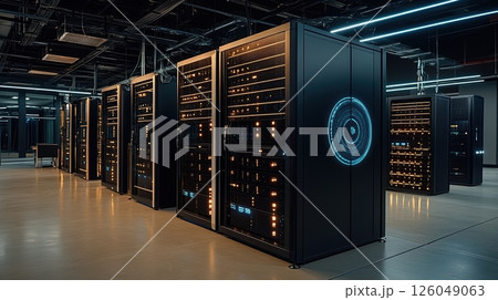 Modern data center interior with high-tech servers and digital interfaces illuminated in futuristic lighting setup 126049063