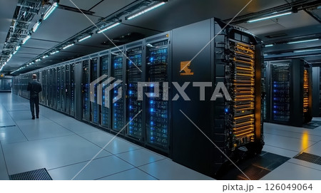 Data center with servers and illuminated cables in a high-tech environment with professional personnel 126049064
