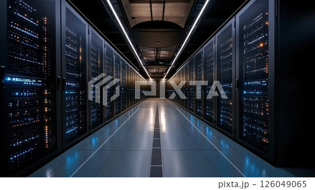 Modern data center corridor with illuminated server racks and advanced cooling system in a high-tech environment 126049065