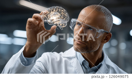 Scientist examining holographic AI brain in laboratory with advanced futuristic technology, concept of future and research 126049075