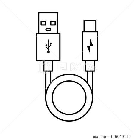 USB Charger Cable Outline Vector Illustration. A classic USB Type-A connector on the left with a USB symbol and a USB Type-C connector on the right. 126049110