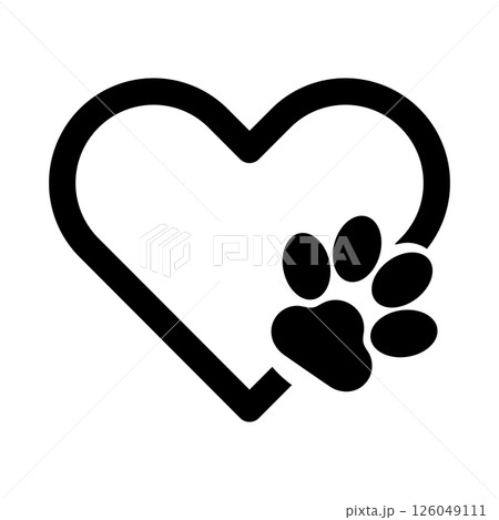 Heart with Paw Print Symbol Vector Illustration. A bold heart shape integrated with a stylized paw print, symbolizing love for animals and the bond between humans and pets. 126049111