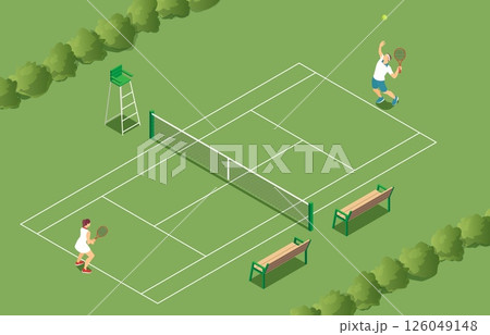 Isometric illustration of two diverse tennis players competing on a green outdoor court with net benches trees and umpire chair in summer sports setting 126049148
