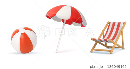 3d Beach Ball, Umbrella and Deck Chair on White 126049163