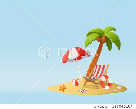 3d Relaxing Tropical Beach Scene with Chair and Palm 126049164