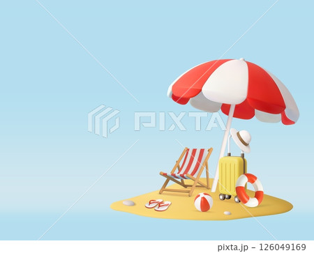 3d Tropical Beach Vacation Setup with Umbrella 126049169