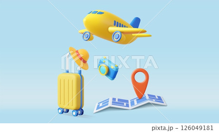 3d Air Travel Concept with Luggage and Map, camera 3d Air Travel Concept with Luggage and Map, camera 126049181