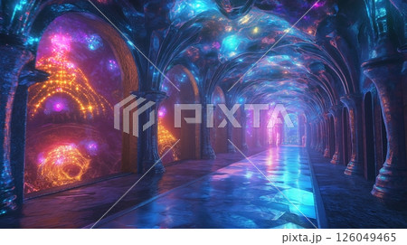 Vibrant crystal tunnel illuminated by glowing hues in a surreal underwater fantasy interior 126049465