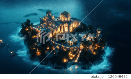 Mysterious illuminated castle reflects in waters near a rocky shore at dusk in a serene landscape 126049482