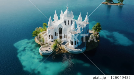 Mysterious castle on an isolated island surrounded by calm waters 126049485