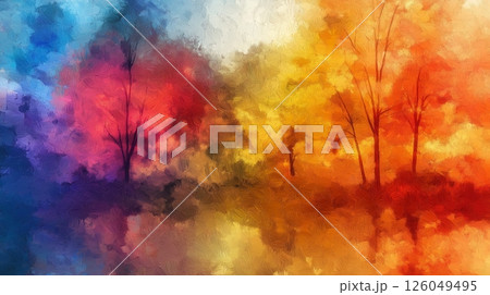 Colorful autumn trees reflect in tranquil water, creating a vibrant landscape of hues and serenity 126049495