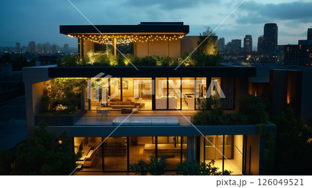 Modern rooftop garden illuminated by string lights in urban setting at night 126049521