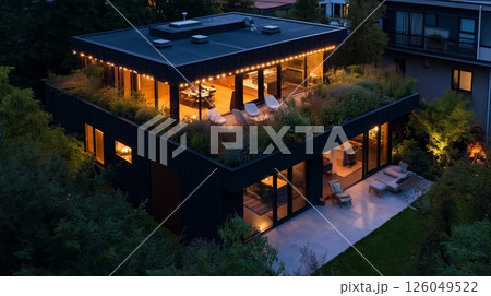 Modern rooftop garden illuminated by string lights in urban setting at night 126049522