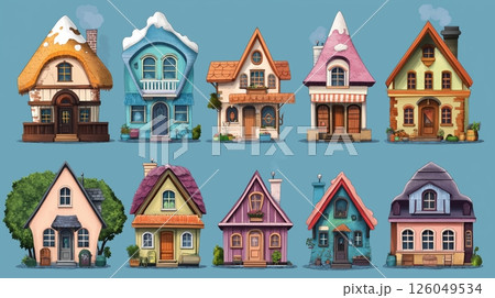 Charming collection of whimsical houses with unique designs set against a vivid blue background Charming collection of whimsical houses with unique designs set against a vivid blue background 126049534