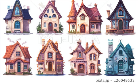 Charming collection of whimsical houses with unique designs set against a white background 126049535