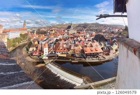 Cesky Krumlov historic center and Vltava River, Czech Republic Cesky Krumlov historic center and Vltava River, Czech Republic 126049579