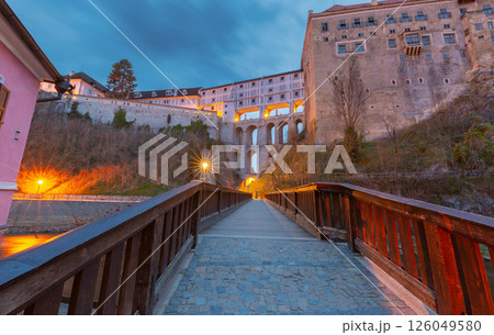 Elevated corridor with arches at dusk, Cesky Krumlov, Czech Republic 126049580