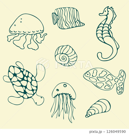 Sea World Life doodle line set. Hand drawn childlike graphic, ink brush contour stroke isolated elements. Cartoon sketch style design, outline cute illustration, white background. Vector 126049590