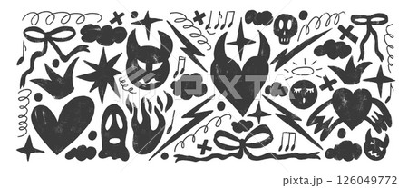Punk breaking heart charcoal doodles set. Devil and angels black stencil crayon textured background. Scribble grunge elements. Hearts, bows and sketch shapes. Vector illustration by marker 126049772