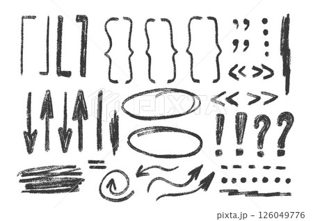 Scribble marks, arrow doodle set. Crayon underlines, quotation marks, brackets and signs. Scribble sketch pencil emphasis note highlights. Vector hand drawn illustration isolated on white background Scribble marks, arrow doodle set. Crayon underlines, quotation marks, brackets and signs. Scribble sketch pencil emphasis note highlights. Vector hand drawn illustration isolated on white background 126049776