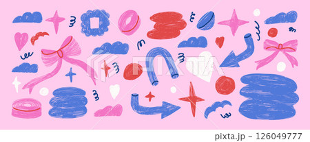 Abstract y2k shapes crayon drawn set. Naive red and blue colors doodle figures on pink background. Arrow, bow, heart and geometric forms sketch elements. Vector girly style illustration by pencil Abstract y2k shapes crayon drawn set. Naive red and blue colors doodle figures on pink background. Arrow, bow, heart and geometric forms sketch elements. Vector girly style illustration by pencil 126049777