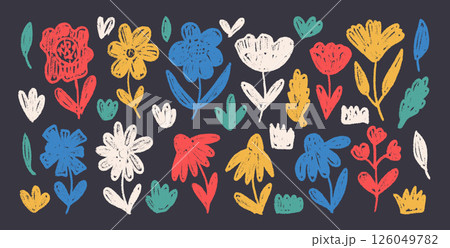 Simple flowers crayon drawn set. Naive floral chalk doodles isolated on dark background. Daisy, poppy, grass, leaves sketch elements. Vector childish style wildflowers illustration by pencil Simple flowers crayon drawn set. Naive floral chalk doodles isolated on dark background. Daisy, poppy, grass, leaves sketch elements. Vector childish style wildflowers illustration by pencil 126049782