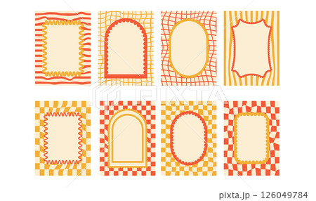 Geometric funky scallop text boxes frames set. Wavy groovy arch, rectangle borders isolated on checkered and uneven lines background. Wobbly y2k decorative callouts. Vector retro blank illustration Geometric funky scallop text boxes frames set. Wavy groovy arch, rectangle borders isolated on checkered and uneven lines background. Wobbly y2k decorative callouts. Vector retro blank illustration 126049784
