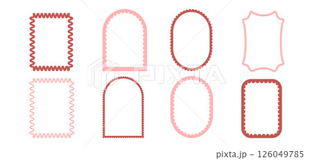 Geometric scallop frames set. Wavy edges rectangles, ovals and arch forms doodle templates. Wave groovy borders elements. Vector serrated squiggles decoration illustration 126049785