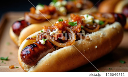 Gourmet hot dog with caramelized onions and crispy toppings 126049811