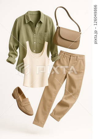 Floating minimalist casual outfit composition featuring a green shirt, beige tank top, light brown trousers, matching loafers, and a chic handbag Floating minimalist casual outfit composition featuring a green shirt, beige tank top, light brown trousers, matching loafers, and a chic handbag 126049866