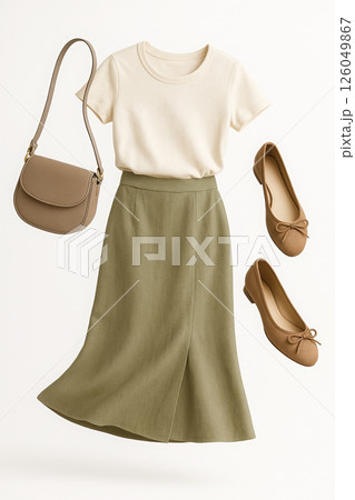 Floating fashion composition featuring a beige t-shirt, green midi skirt, light brown flats, and a matching handbag Floating fashion composition featuring a beige t-shirt, green midi skirt, light brown flats, and a matching handbag 126049867