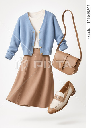 A stylish floating composition featuring a blue cardigan, beige midi skirt, white t-shirt, beige loafers, and a matching handbag A stylish floating composition featuring a blue cardigan, beige midi skirt, white t-shirt, beige loafers, and a matching handbag 126049868