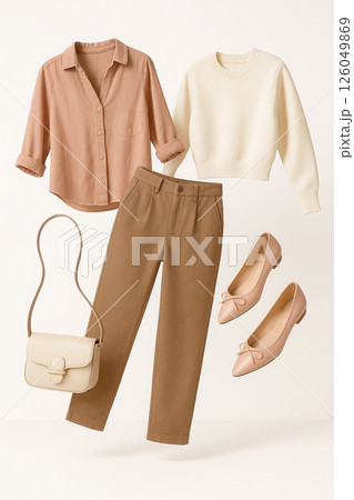 A stylish floating composition featuring a beige sweater, soft pink blouse, brown pants, beige handbag, and matching beige ballet flats A stylish floating composition featuring a beige sweater, soft pink blouse, brown pants, beige handbag, and matching beige ballet flats 126049869