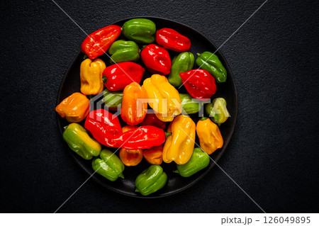 habanero pepper, color mix, raw, vegetable, top view, no people, habanero pepper, color mix, raw, vegetable, top view, no people, 126049895