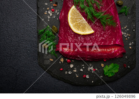 Salmon gravlax with beetroot, Scandinavian snack, beet gravlax, lightly salted fish, homemade, no people, Salmon gravlax with beetroot, Scandinavian snack, beet gravlax, lightly salted fish, homemade, no people, 126049896