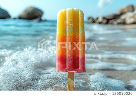 Popsicle with rainbow colors on a long stick on a summer background. Summer fun. Retro style. Popsicle with rainbow colors on a long stick on a summer background. Summer fun. Retro style. 126050026