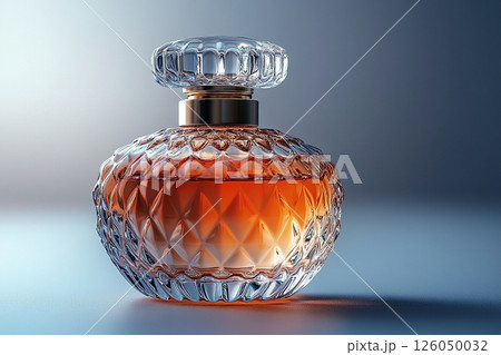 Perfume bottle with glossy on its glass surface, conveying elegance and sophistication. Ideal for high-end perfume advertisements. Perfume bottle with glossy on its glass surface, conveying elegance and sophistication. Ideal for high-end perfume advertisements. 126050032