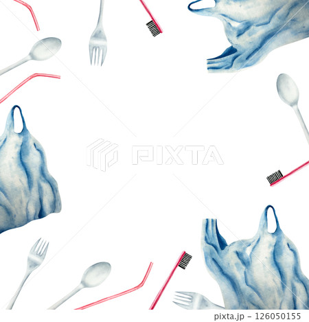 Frame with plastic bags, fork, spoon, aluminum can. Watercolor hand drawn template, cellophane illustration isolated on background. Agriculture, organic gardening, planting or ecology. Environmental Frame with plastic bags, fork, spoon, aluminum can. Watercolor hand drawn template, cellophane illustration isolated on background. Agriculture, organic gardening, planting or ecology. Environmental 126050155