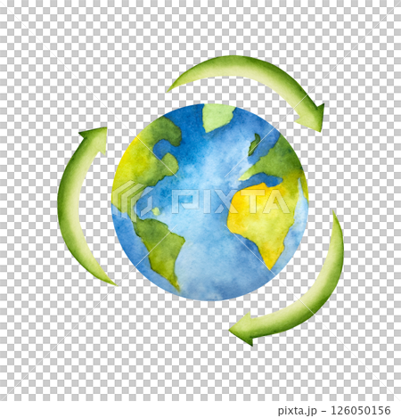 Planet earth with Arrow symbol. Watercolor hand drawn earth day globe, brown recycling sign illustration isolated on background. Agriculture, organic gardening, planting or ecology. Environmental 126050156