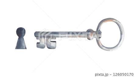 An old rusty iron key and a retro-style keyhole are hand-painted on a white background. Close-up watercolor illustration. Vintage template. Isolated. An old rusty iron key and a retro-style keyhole are hand-painted on a white background. Close-up watercolor illustration. Vintage template. Isolated. 126050170