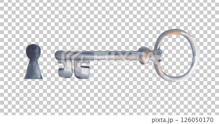 An old rusty iron key and a retro-style keyhole are hand-painted on a white background. Close-up watercolor illustration. Vintage template. Isolated. An old rusty iron key and a retro-style keyhole are hand-painted on a white background. Close-up watercolor illustration. Vintage template. Isolated. 126050170