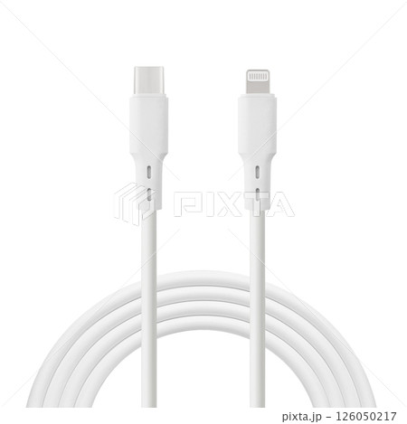 white cable for charging and synchronization with Type - C and Lightning connectors on a white isolated background white cable for charging and synchronization with Type - C and Lightning connectors on a white isolated background 126050217