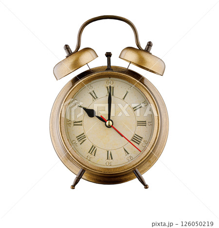 alarm clock, vintage clock with time 10 hours 00 minutes, a.m. 10:00, p.m. 10:00, on isolated white background alarm clock, vintage clock with time 10 hours 00 minutes, a.m. 10:00, p.m. 10:00, on isolated white background 126050219